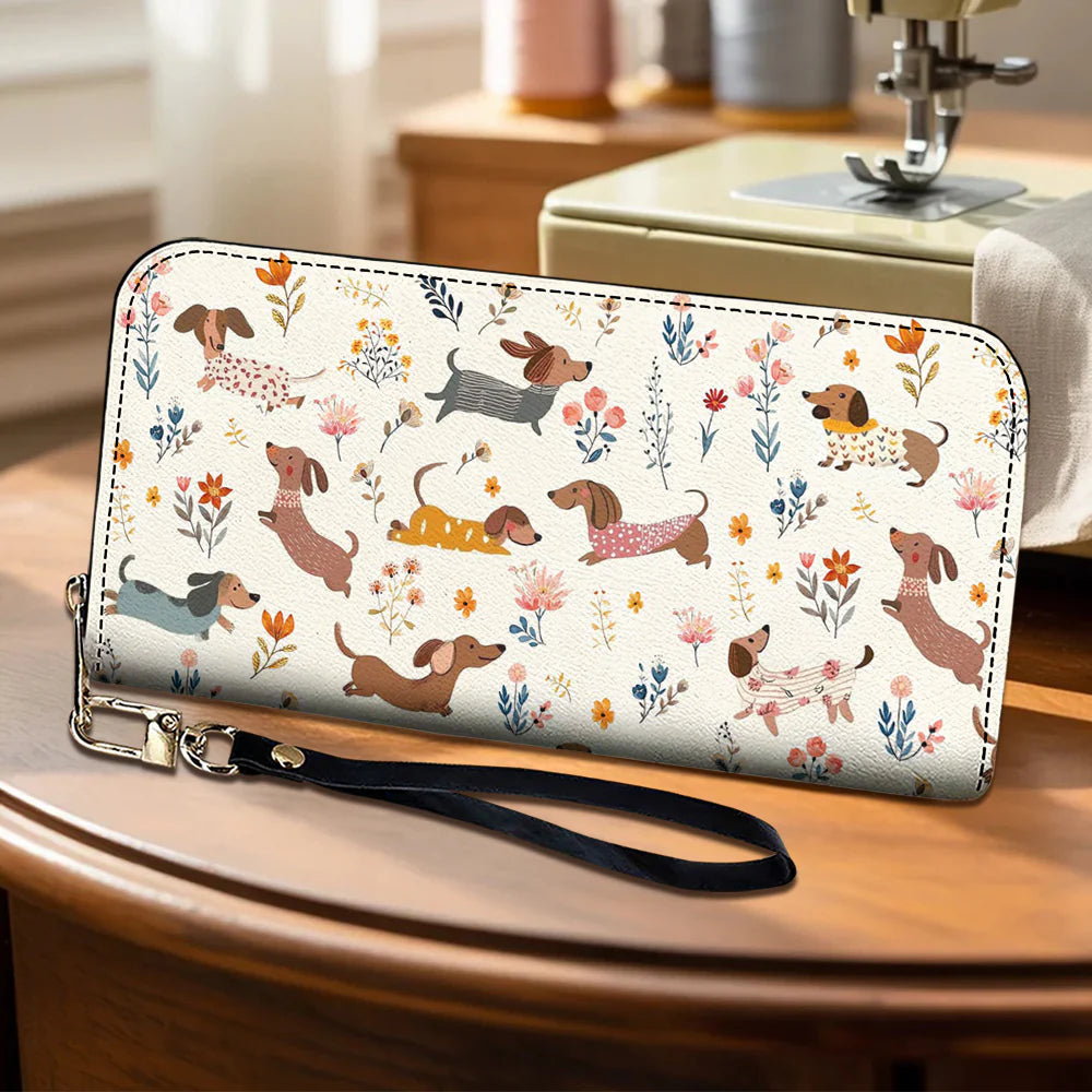 Dachshund Leather Wallet Happy Field Flowers