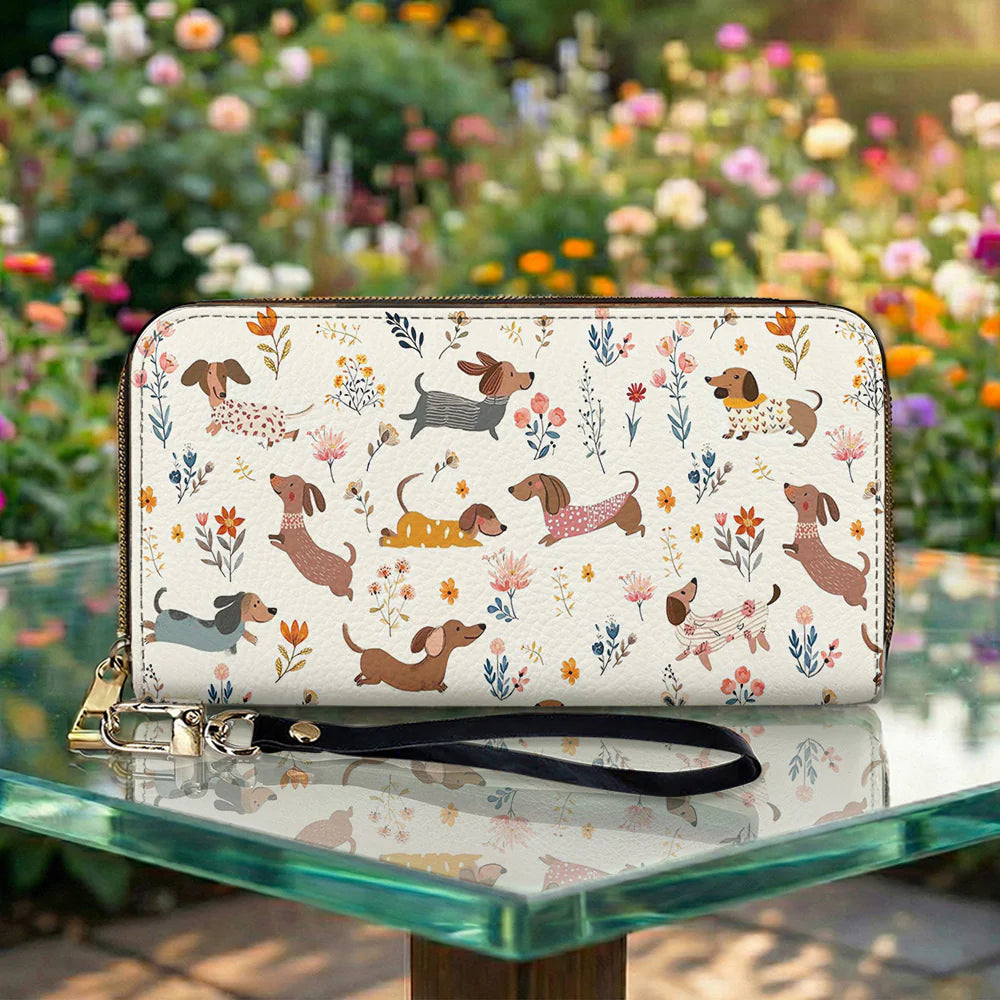 Dachshund Leather Wallet Happy Field Flowers
