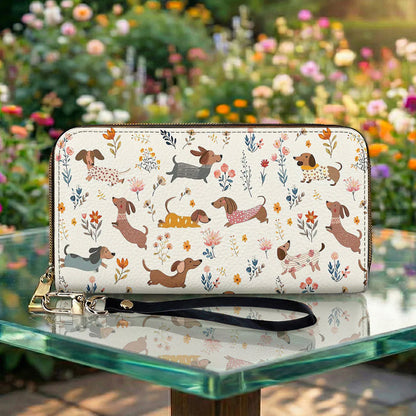 Dachshund Leather Wallet Happy Field Flowers
