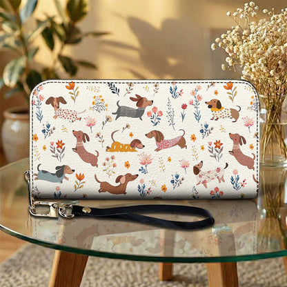 Dachshund Leather Wallet Happy Field Flowers