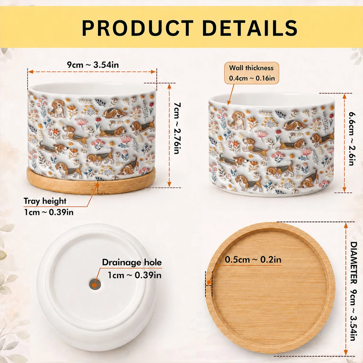 Beagle Flat Print Ceramic Plant Pot Happy Field Flowers