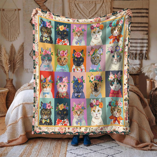 Cat Fleece Blanket Floral Cat Fantasy