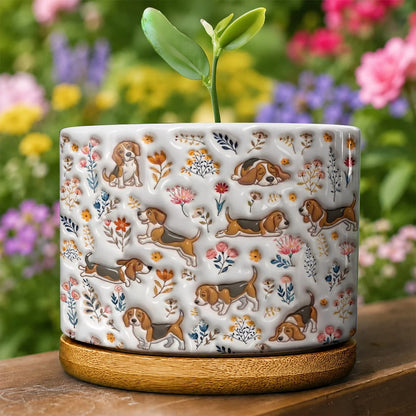 Beagle Flat Print Ceramic Plant Pot Happy Field Flowers