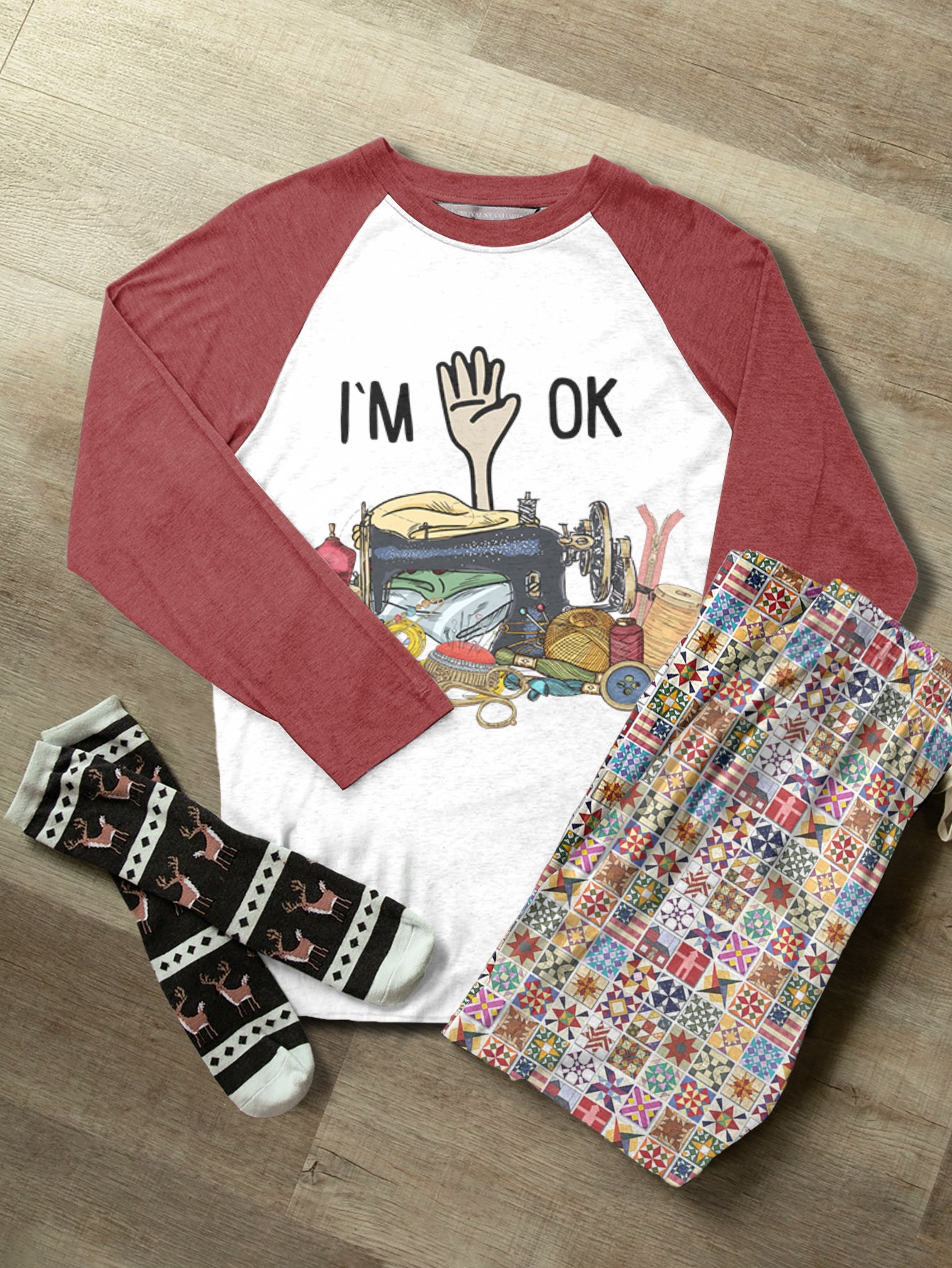 Sewing Lover Raglan Lounge Pajamas I'm OK Quilt Blocks