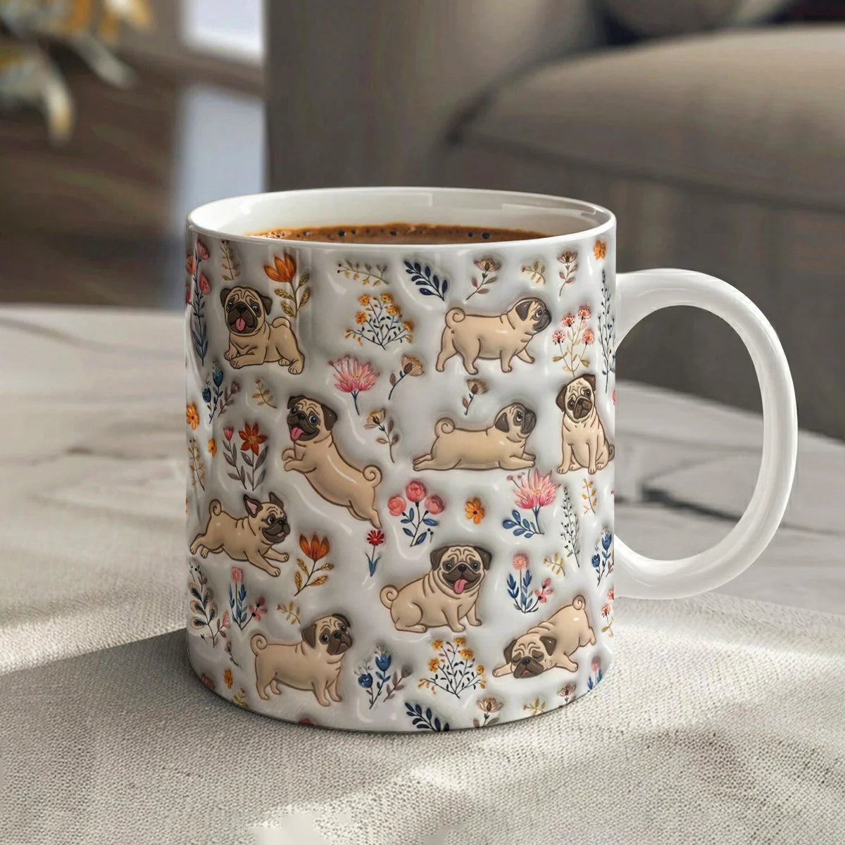 Pug Ceramic Mug Happy Field Flowers