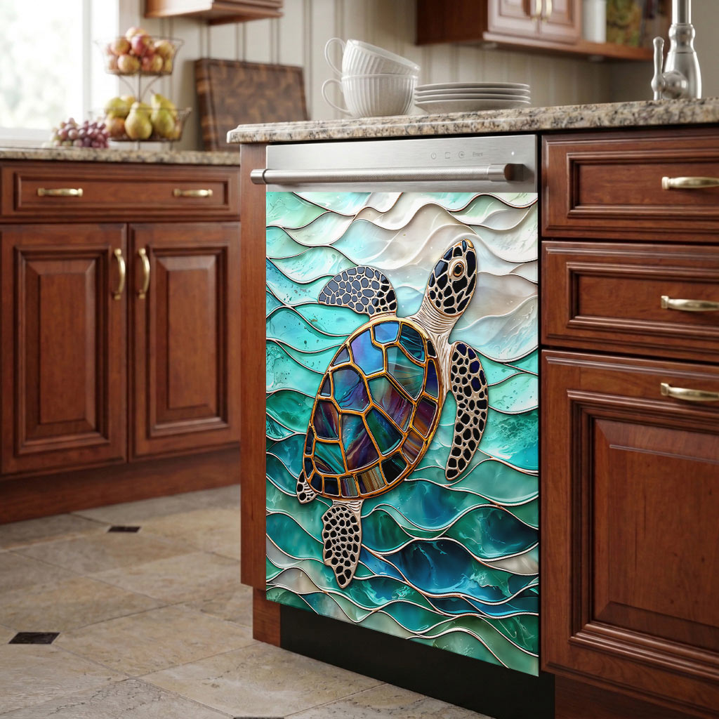 Sea Turtle Magnetic Dishwasher Cover Iridescent Sea Turtle In Turquoise Tides