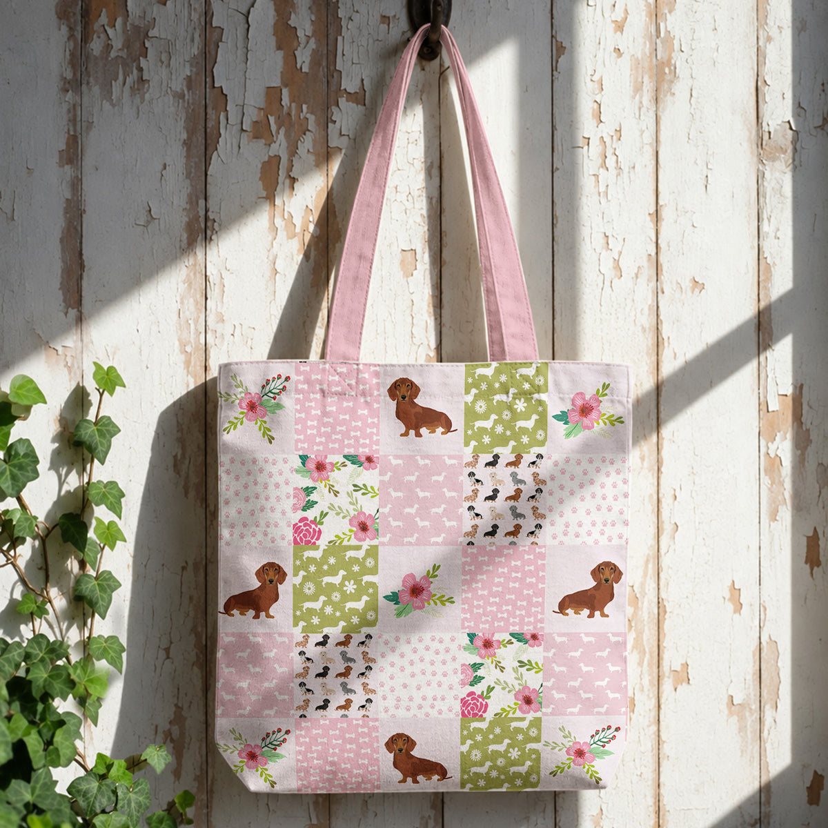 Dachshund Canvas Tote Bag Floral Patchwork Pups