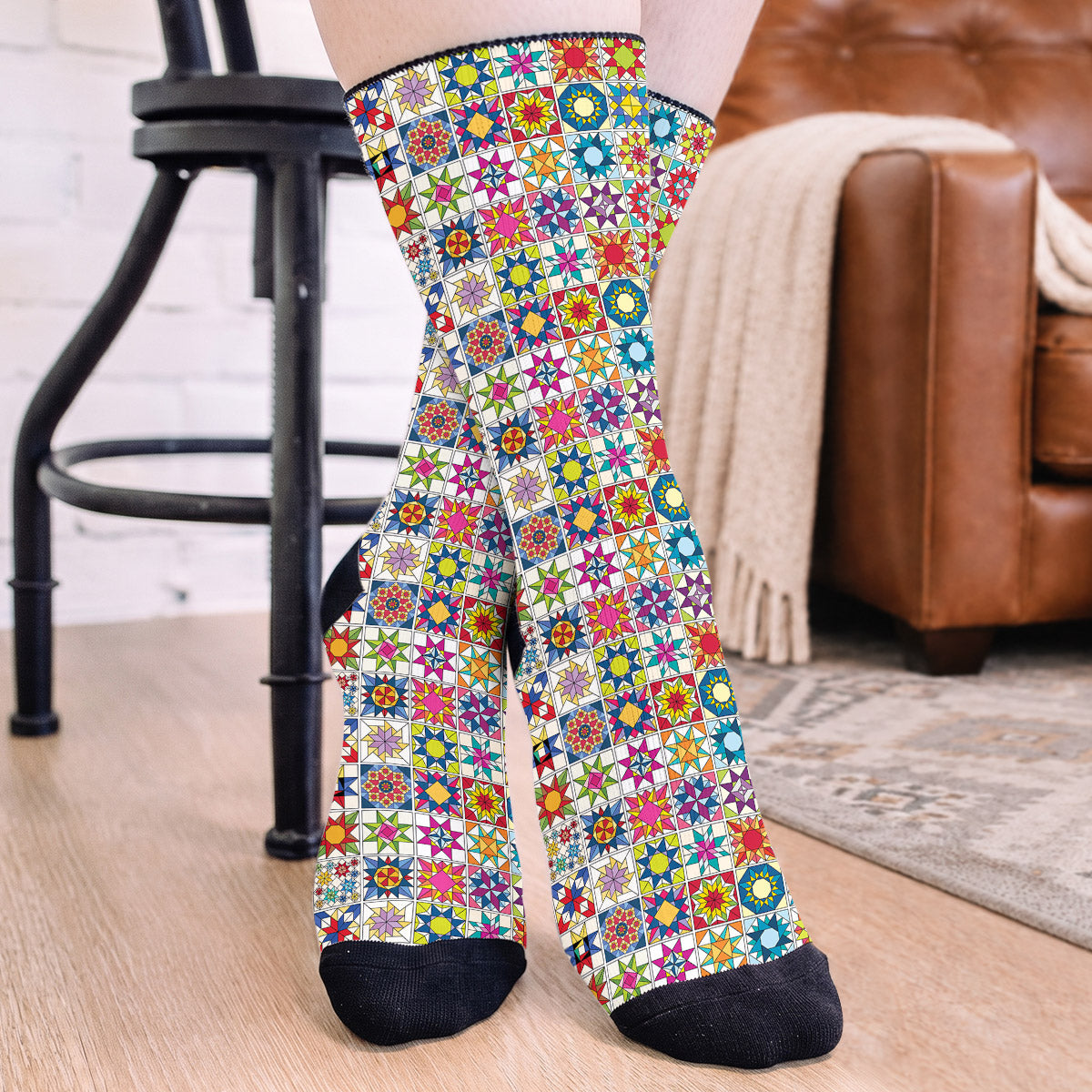 Sewing Lover Crew Socks Colorful Star Quilt Blocks