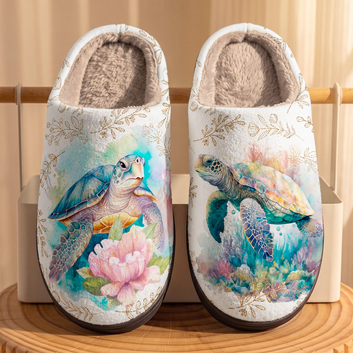 Sea Turtle Fleece Lined Slippers Turtle Reef Blossom