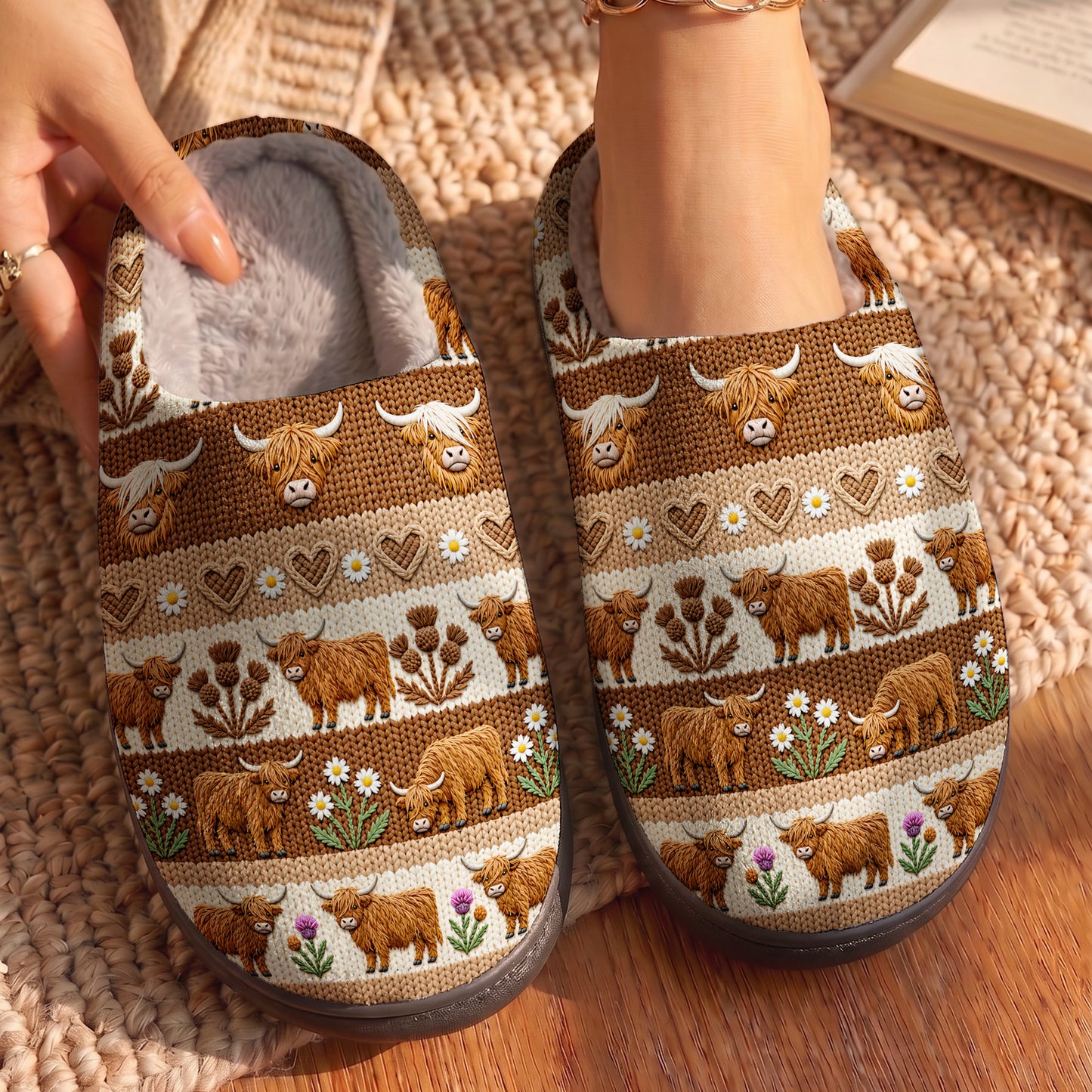Cozy Highland Cow Meadow Fleece Lined Slippers