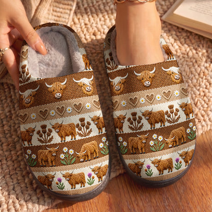 Cozy Highland Cow Meadow Fleece Lined Slippers