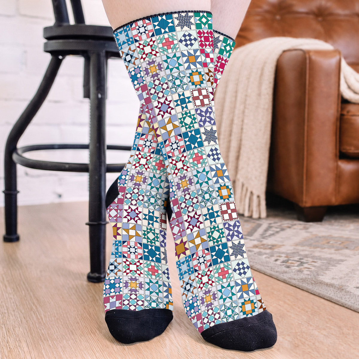 Sewing Lover Crew Socks Traditional Quilt Blocks