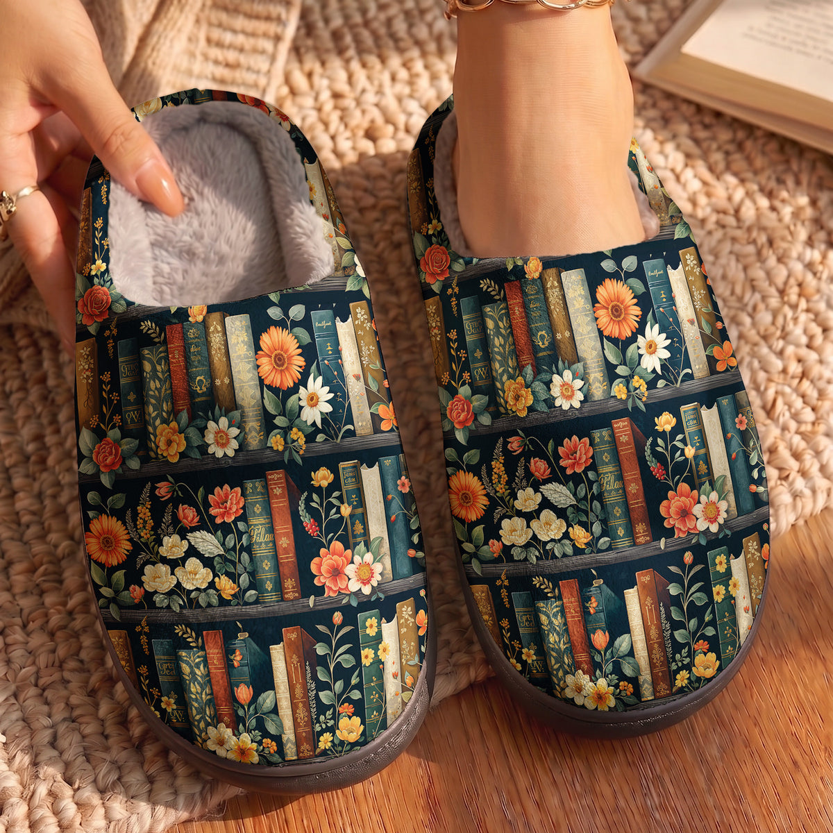 Vintage Floral Library Fleece Lined Slippers
