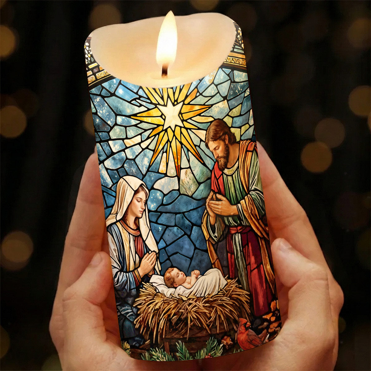 God LED Candle The Holy Night in Stained Glass