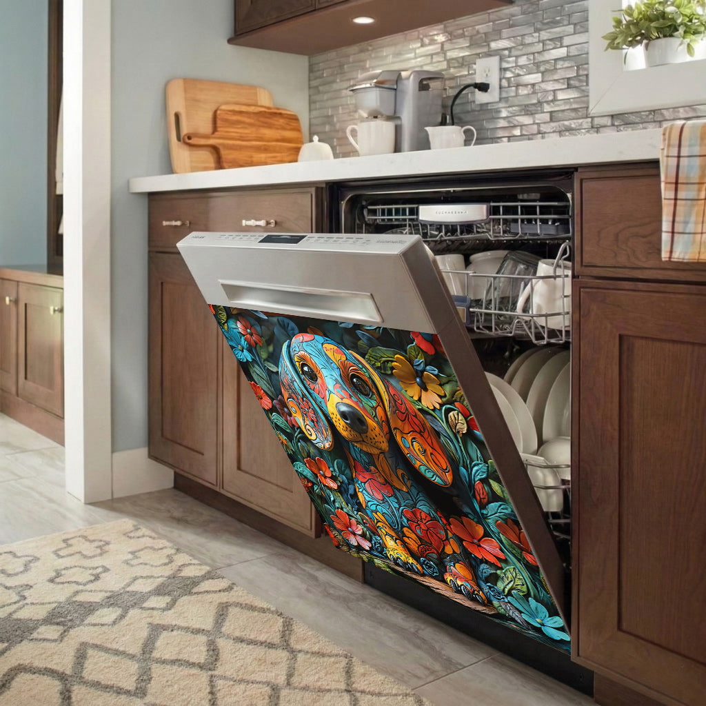 Dachshund Magnetic Dishwasher Cover Whimsical Dachshund Garden