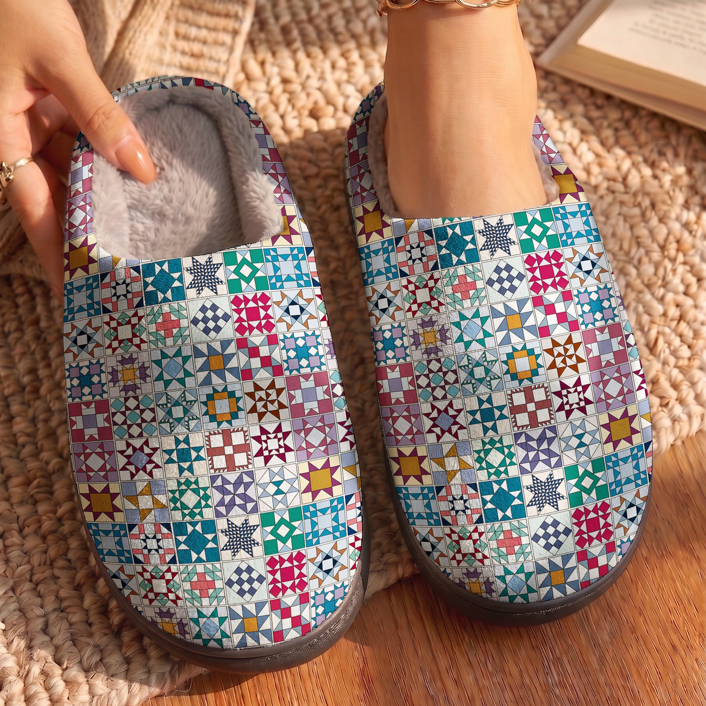 Sewing Lover Fleece Lined Slippers Traditional Quilt Blocks