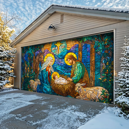 God Garage Door Banner Decoration Stained-Glass Nativity of Light