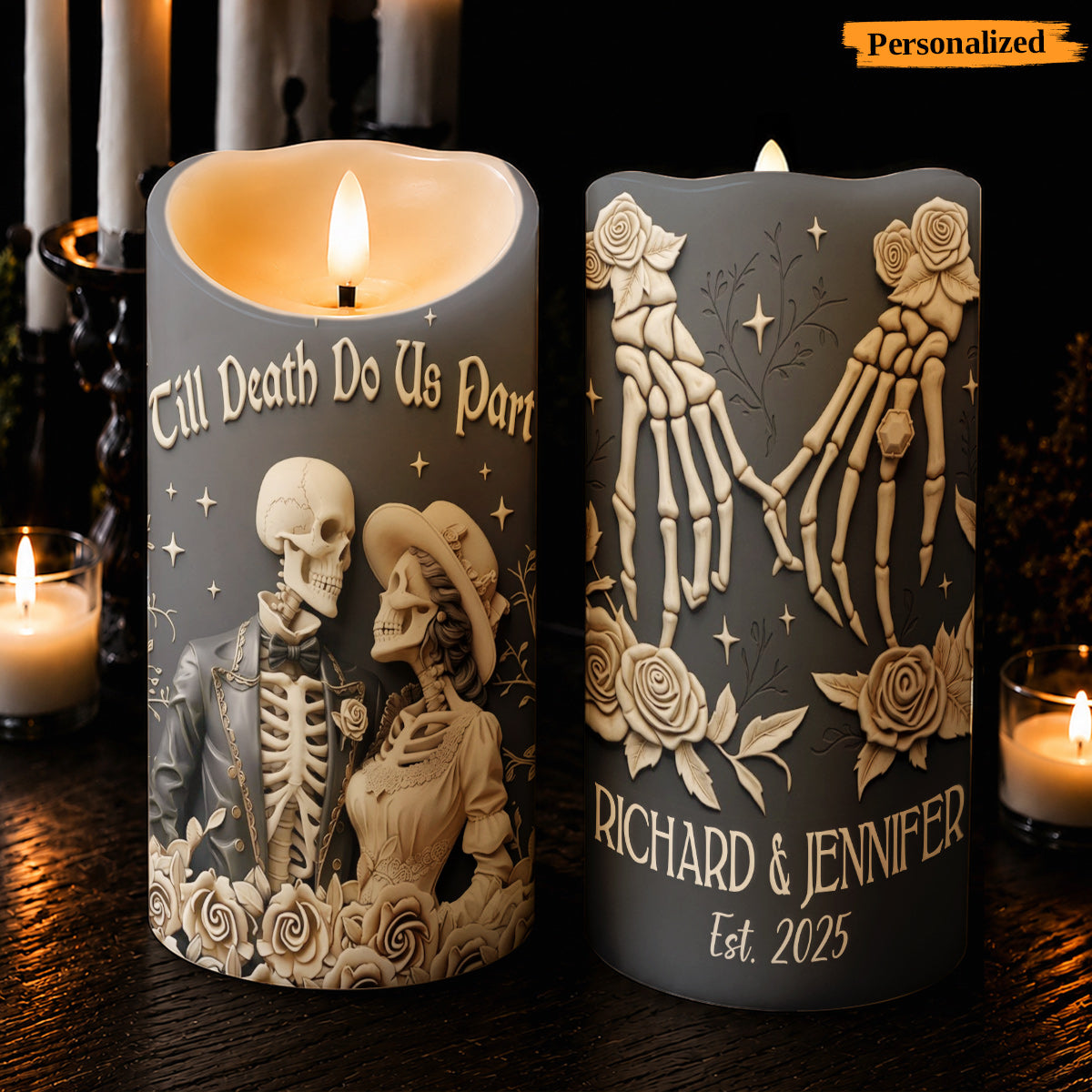 Till Death Do Us Part Personalized Skull LED Candle