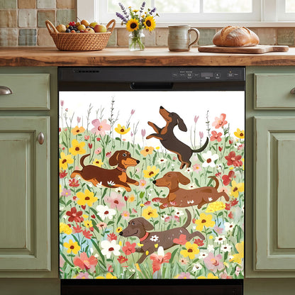 Dachshund Magnetic Dishwasher Cover Happy Dachshunds in Flower Garden