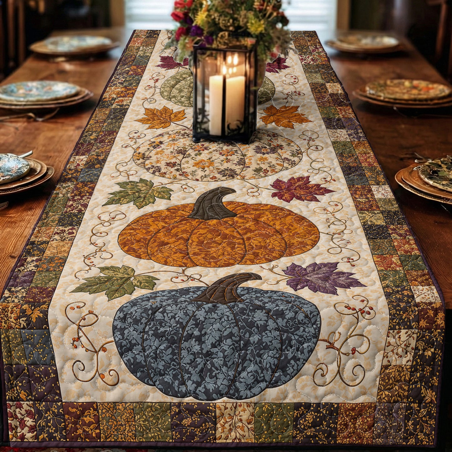 Fall Pumpkin Patchwork Quilted Table Runner