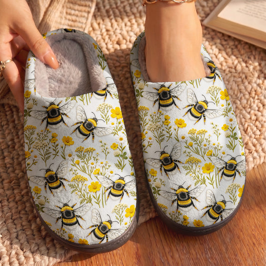 Bee Fleece Lined Slippers Golden Bumblebees & Wildflower Meadow