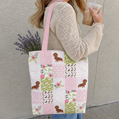 Dachshund Canvas Tote Bag Floral Patchwork Pups