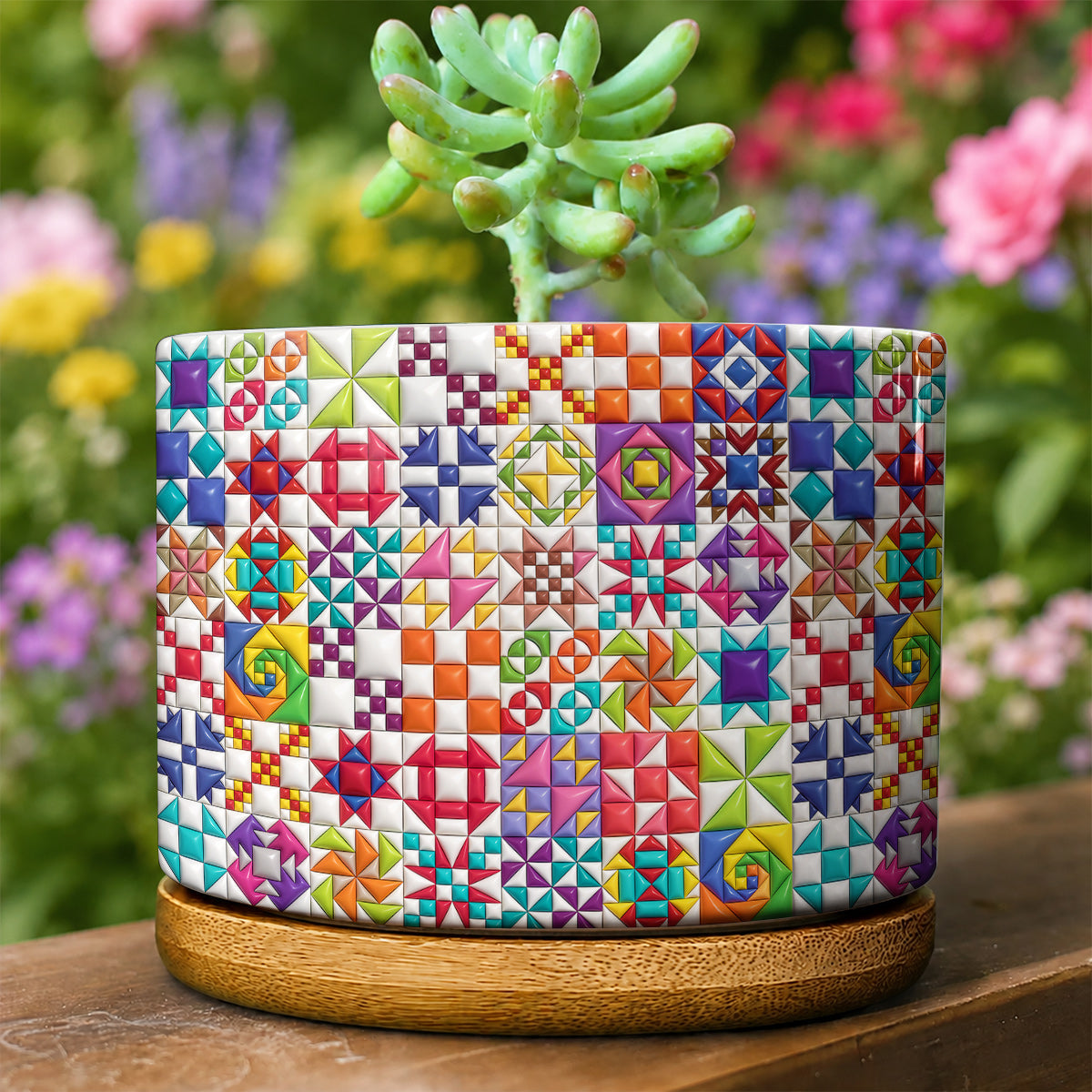 Sewing Lover Ceramic Plant Pot with Bamboo Tray Colorful Quilt Blocks