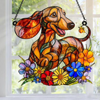Dachshund in Bloom 3D Glass Suncatcher
