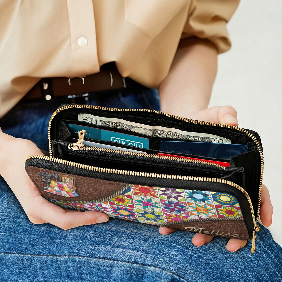 Sewing Lover Leather Wallet Personalized Colorful Quilt Blocks