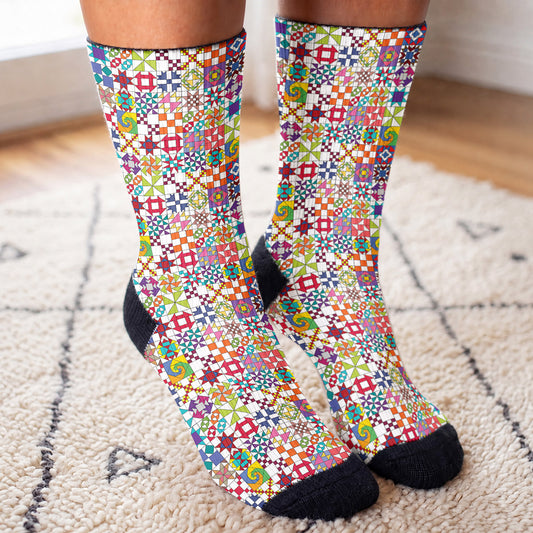 Sewing Lover Crew Socks Colorful Quilt Blocks