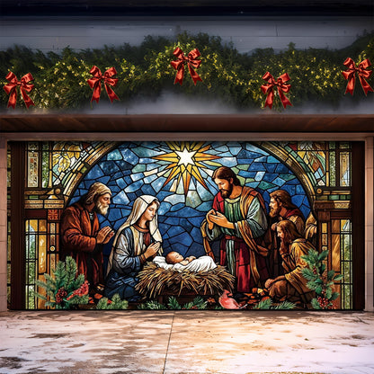 God Garage Door Banner Decoration - The Holy Night in Stained Glass