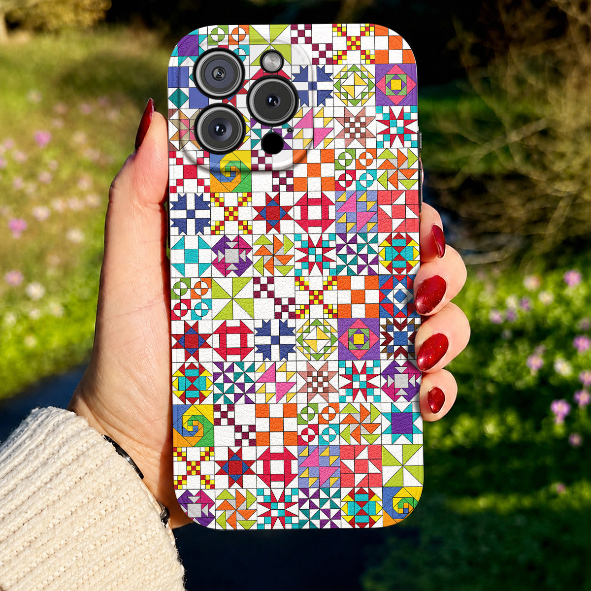 Sewing Lover Leather Phone Case Colorful Quilt Blocks