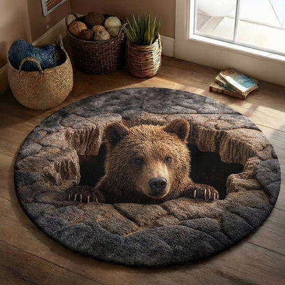 Bear Round Rug 3D Illusion Flat Print Rustic Lodge Bear Den Decor