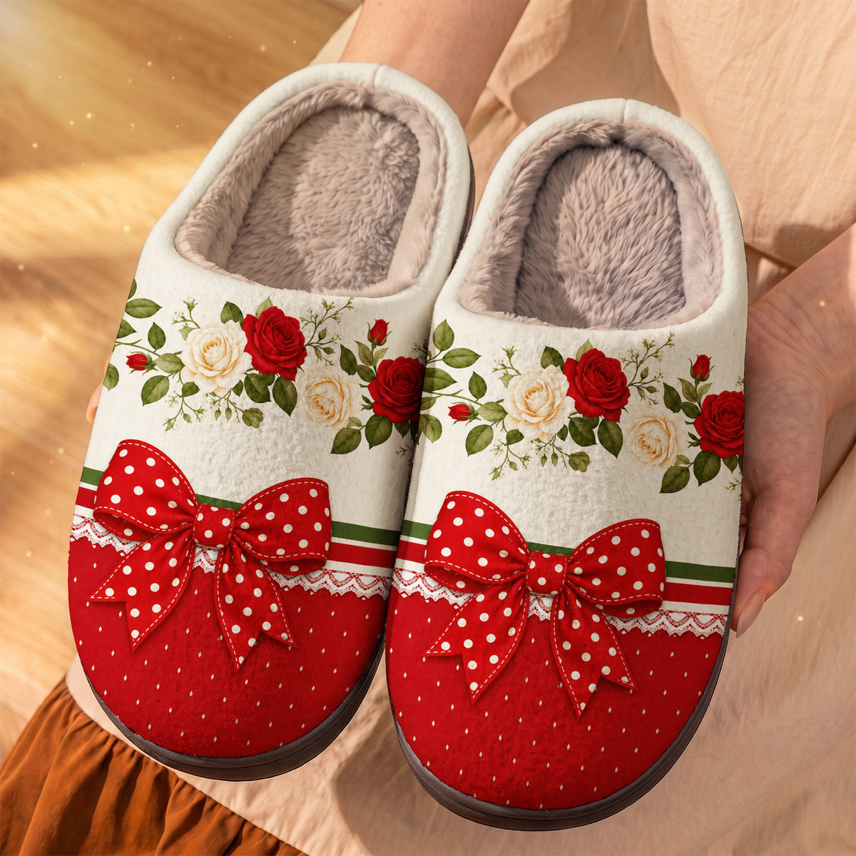 Romantic Elegance Fleece Lined Slippers Scarlet Rose & Ribbon Romance