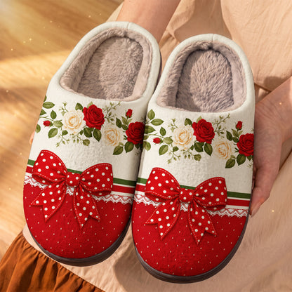 Romantic Elegance Fleece Lined Slippers Scarlet Rose & Ribbon Romance