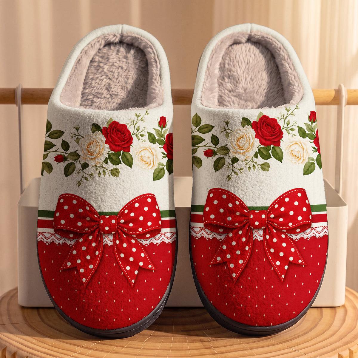 Romantic Elegance Fleece Lined Slippers Scarlet Rose & Ribbon Romance