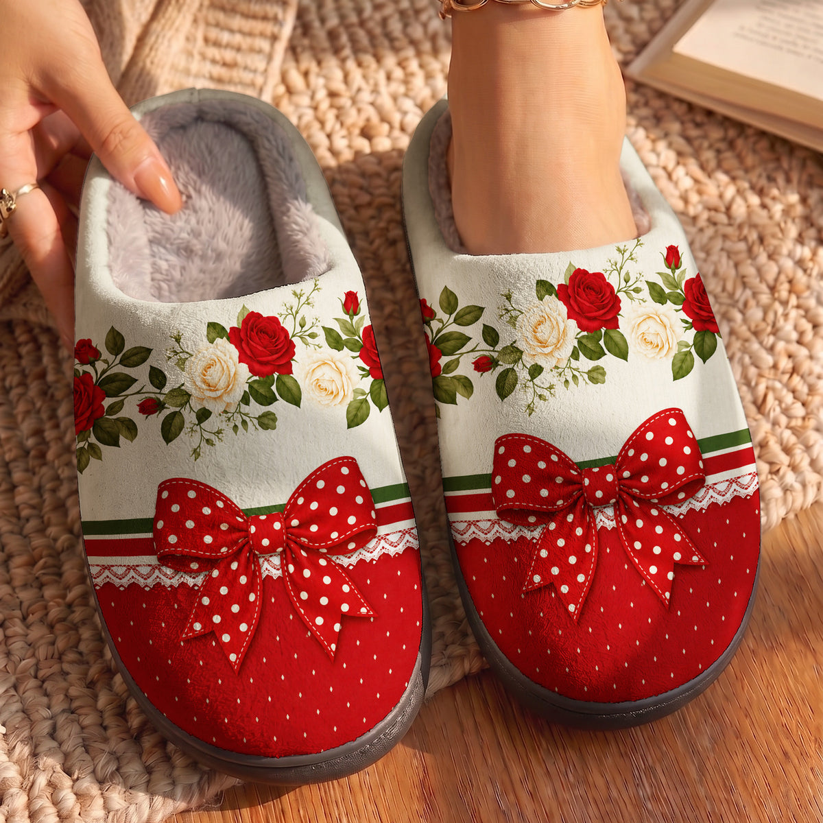 Romantic Elegance Fleece Lined Slippers Scarlet Rose & Ribbon Romance