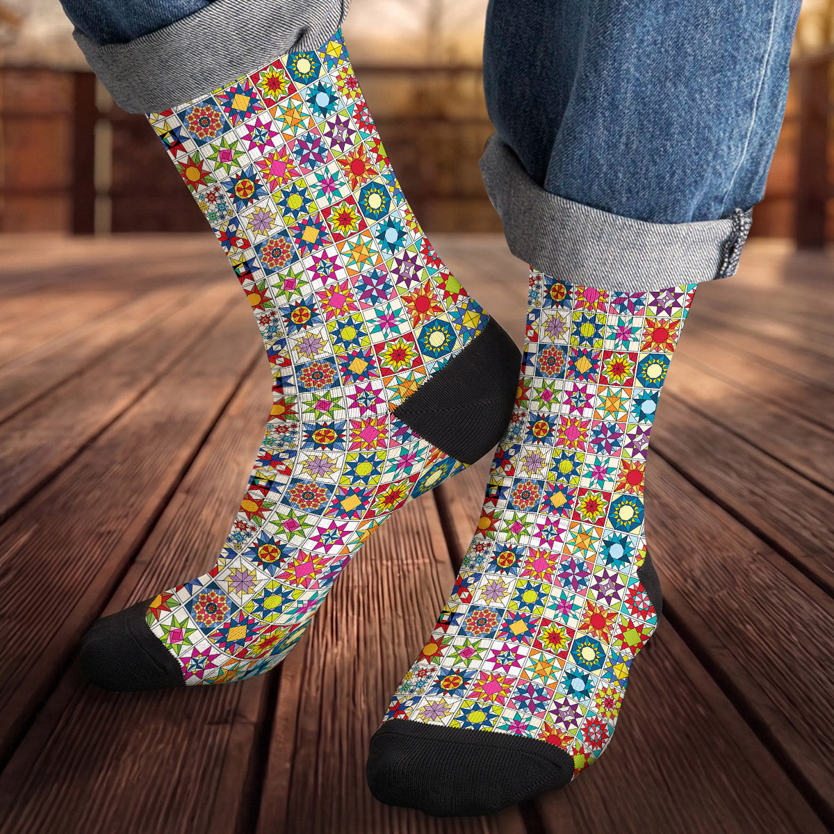 Sewing Lover Crew Socks Colorful Star Quilt Blocks