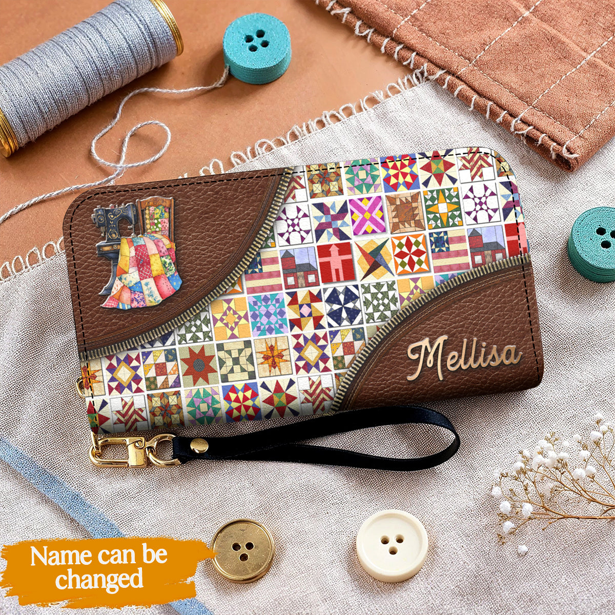 Sewing Lover Leather Wallet Personalized Quilt Blocks