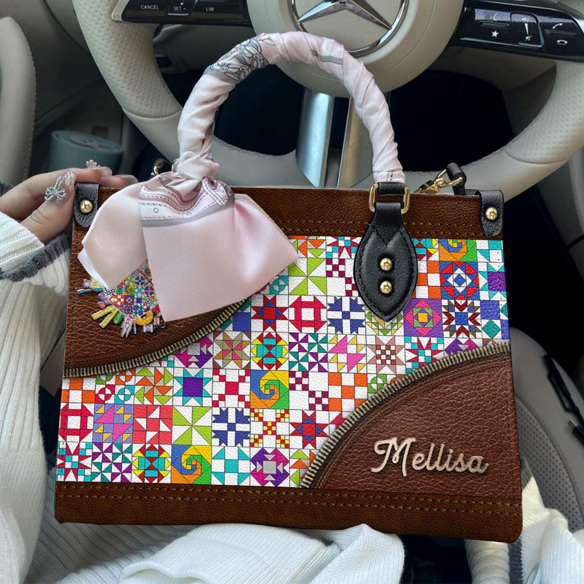 Sewing Lover Leather Handbag Personalized ColorBust Quilt Blocks