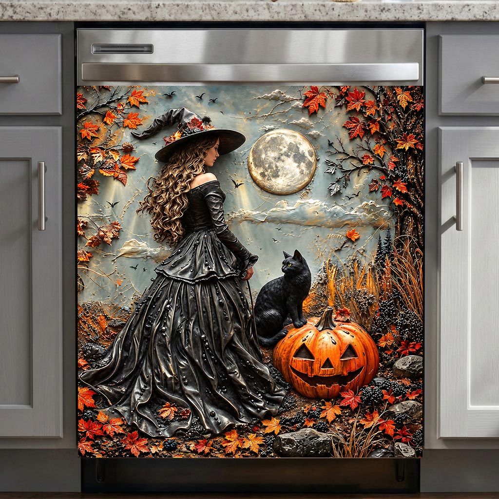 Witch Magnetic Dishwasher Cover Moonlit Witch and Cat in Autumn Forest