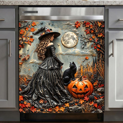 Witch Magnetic Dishwasher Cover Moonlit Witch and Cat in Autumn Forest