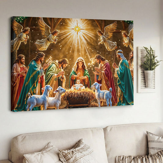God Wooden-Framed Canvas Wall Art Divine Light at the Manger The Nativity Scene