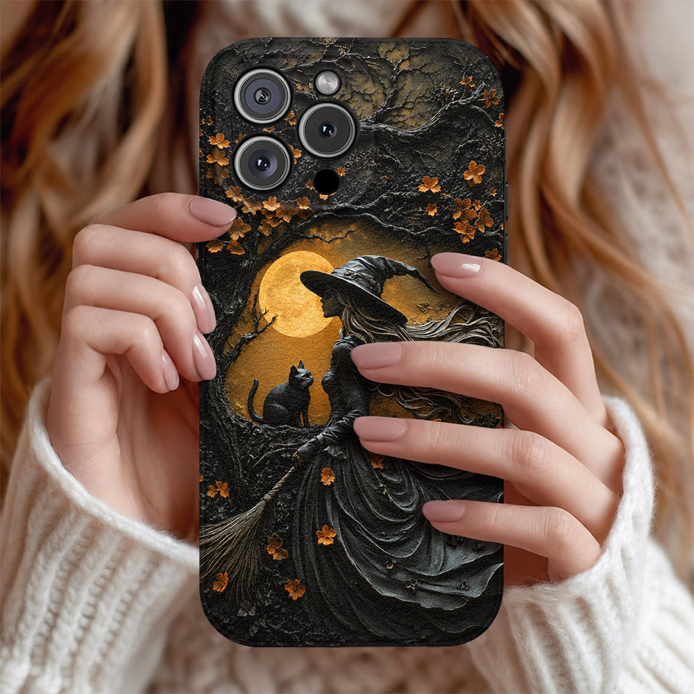 Witch Beneath the Autumn Moon Personalized Leather Phone Case Halloween Gift