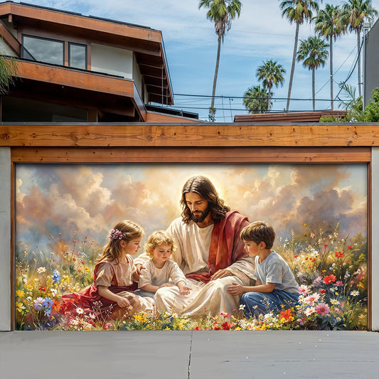 God Garage Door Banner Decoration - Jesus and the Little Ones In the Wildflower Meadow