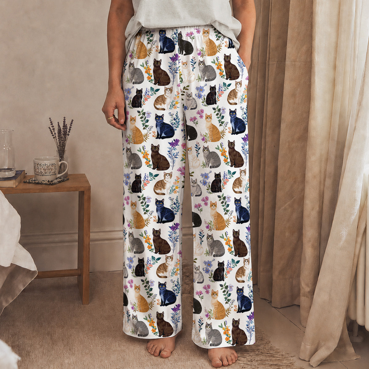 Cat Lounge Pants Charming Floral Cats