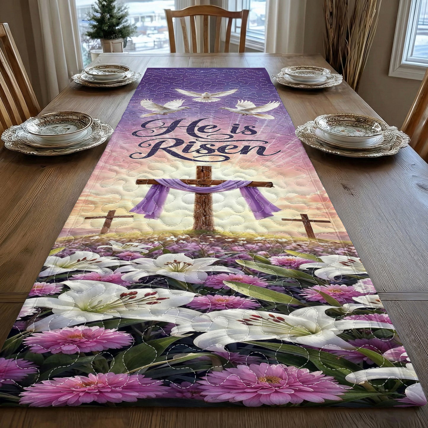 Christian Easter Quilted Table Runner Risen In Eternal Glory