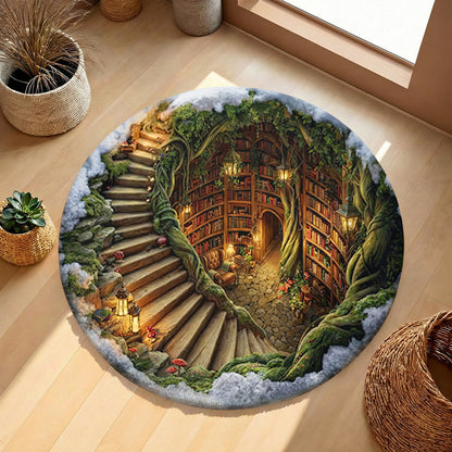 Reading Round Rug Cozy Enchanted Library Hollow 3D Illusion Flat Print