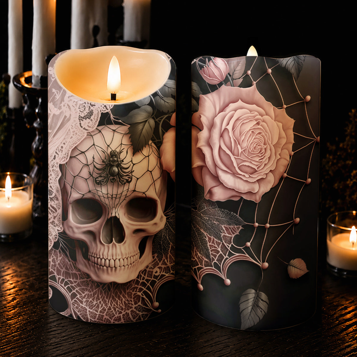 Gothic LED Candle Rose Beneath the Web