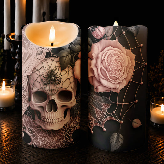 Gothic LED Candle Rose Beneath the Web